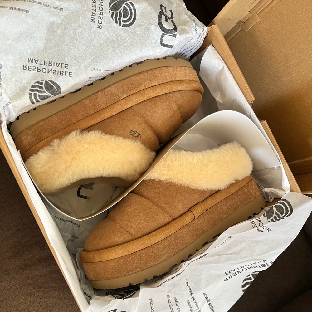 UGG Tan Platform Furry Slippers